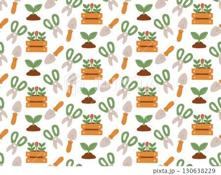 Seamless flat style gardening pattern with tools, seedlings and plants. Spring floral background for textile, packaging, wallpaper, wrapping paper and eco decor. Seamless flat style gardening pattern with tools, seedlings and plants. Spring floral background for textile, packaging, wallpaper, wrapping paper and eco decor. 130638229