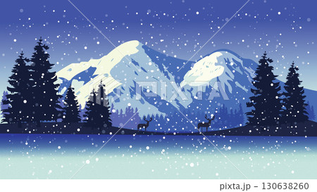 Snowy Pines by Lake with Majestic Mountain View 130638260