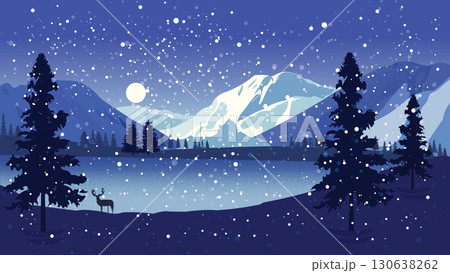 Winter Pine Trees and Lake with Snowy Mountains 130638262