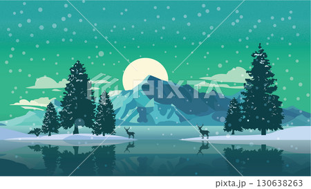 Frozen Mountain Lake and Evergreen Pine Trees Frozen Mountain Lake and Evergreen Pine Trees 130638263