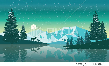 Peaceful Frozen Lake with Snowy Pines and Mountains 130638289