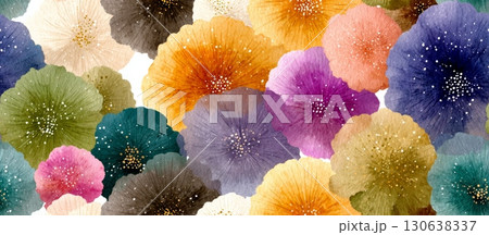 Vibrant Japanese Floral Pattern with Watercolor Flower Design 130638337