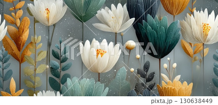 Elegant Scandinavian Floral Vector Background with Colorful Flowers 130638449