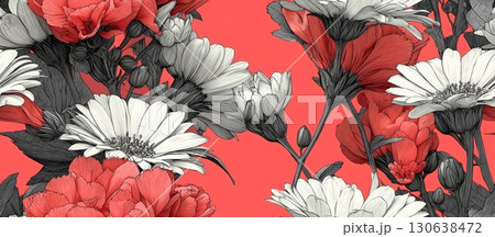 Hand-Sketched Floral Ornament on Vibrant Coral Background 130638472