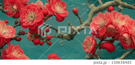 Traditional Floral Vector Design Featuring Vibrant Red Blossoms 130638485