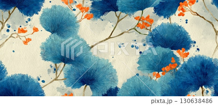 Elegant Seamless Japanese Floral Pattern with Blue and Orange Elements 130638486