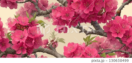 Vibrant Japanese Floral Vector Ornament with Cherry Blossom Design Vibrant Japanese Floral Vector Ornament with Cherry Blossom Design 130638499