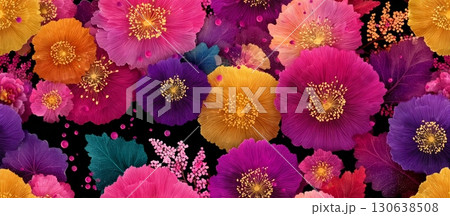 Vibrant Japanese Floral Vector Design Seamless Pattern on Black Background Vibrant Japanese Floral Vector Design Seamless Pattern on Black Background 130638508