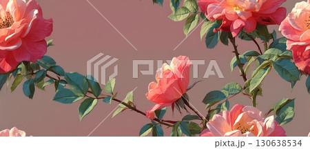 Soft Abstract Floral Composition with Roses and Green Leaves 130638534