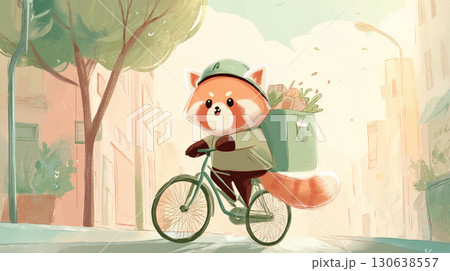 自転車でフードデリバリーするレッサーパンダ 130638557