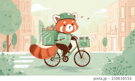 自転車でフードデリバリーするレッサーパンダ 130638558