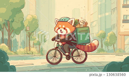 自転車でフードデリバリーするレッサーパンダ 130638560