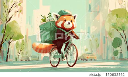 自転車でフードデリバリーするレッサーパンダ 130638562