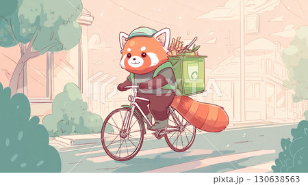 自転車でフードデリバリーするレッサーパンダ 130638563
