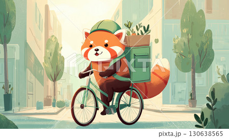 自転車でフードデリバリーするレッサーパンダ 130638565