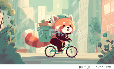 自転車でフードデリバリーするレッサーパンダ 130638566