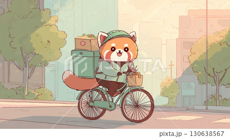 自転車でフードデリバリーするレッサーパンダ 130638567