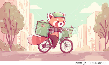 自転車でフードデリバリーするレッサーパンダ 130638568