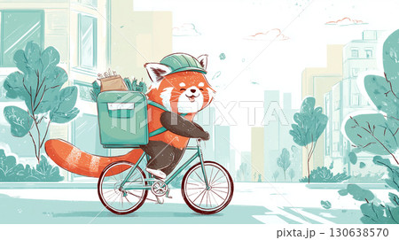 自転車でフードデリバリーするレッサーパンダ 130638570