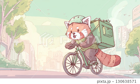 自転車でフードデリバリーするレッサーパンダ 130638571