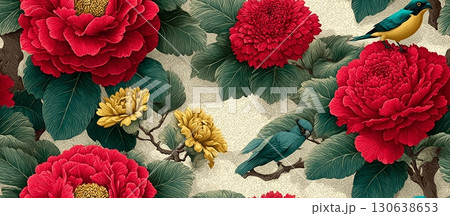 Seamless Floral Ornament with Birds and Colorful Flowers Design 130638653