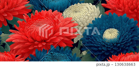 Vibrant Japanese Floral Vector Pattern with Seamless Design Elements 130638663
