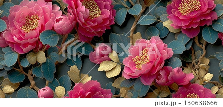 Elegant Floral Pattern with Peonies and Lush Green Leaves Design Elegant Floral Pattern with Peonies and Lush Green Leaves Design 130638666
