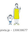 指差しして説明をしている笑顔の女性保育士と男の子の園児のシンプルな線画イラスト素材 130638677