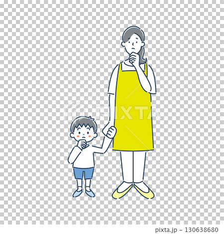 A simple line drawing illustration of a thinking female nursery teacher and a boy kindergartener A simple line drawing illustration of a thinking female nursery teacher and a boy kindergartener 130638680