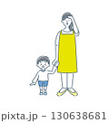 遠くを見ている女性保育士と男の子の園児のシンプルな線画イラスト素材 130638681