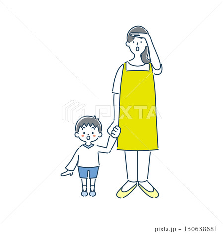 遠くを見ている女性保育士と男の子の園児のシンプルな線画イラスト素材 130638681