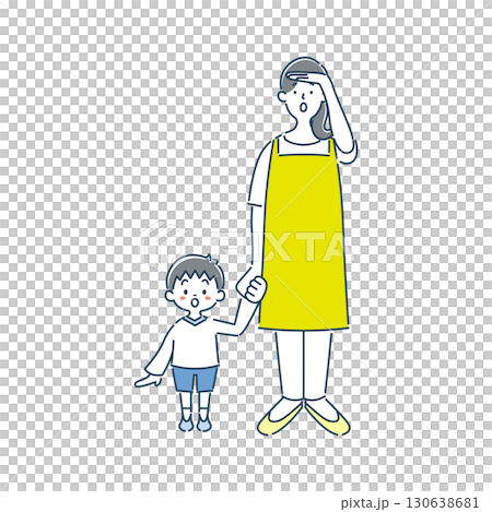 遠くを見ている女性保育士と男の子の園児のシンプルな線画イラスト素材 130638681