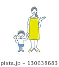 案内している女性保育士と男の子の園児のシンプルな線画イラスト素材 130638683