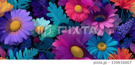 Vibrant Floral Pattern Inspired by 70s Aesthetic with Seamless Design 130638807
