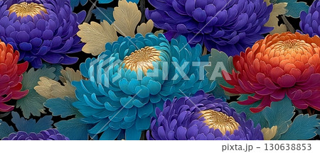 Vibrant Seamless Floral Vector Pattern with Colorful Chrysanthemums 130638853