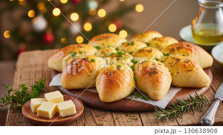 Christmas dinner rolls with herbs and butter on wooden board, festive background with Christmas tree and warm lights. Christmas dinner rolls with herbs and butter on wooden board, festive background with Christmas tree and warm lights. 130638908