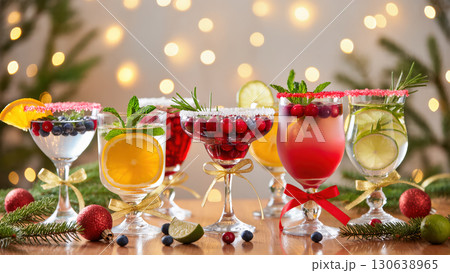 Christmas cocktails with fruits, berries and herbs in festive glasses decorated with ribbons, lights and baubles 130638965