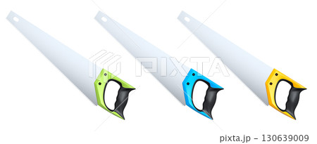 Set of hand saws with ergonomic handles, displayed on white background with clipping path, Construction tool concept Set of hand saws with ergonomic handles, displayed on white background with clipping path, Construction tool concept 130639009