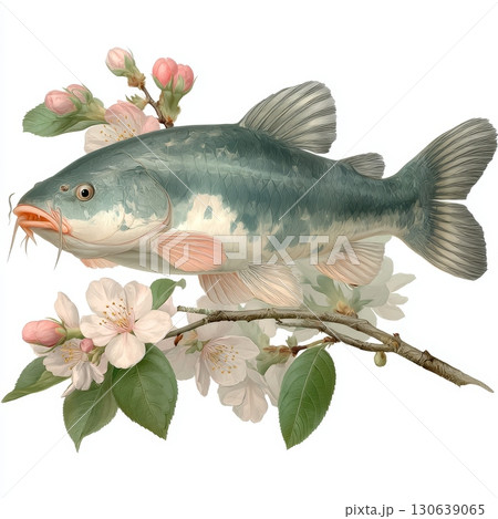 Charming Catfish with Delicate Flowers on a Branch for Stunning Visuals 130639065