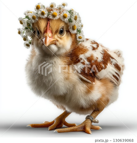 Adorable Baby Chick with Flower Crown Surrounded by Tenderness and Charm 130639068