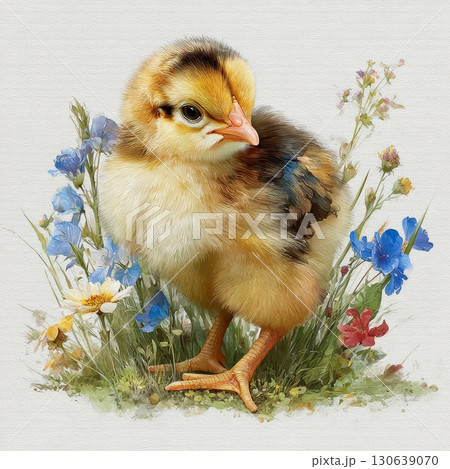 Adorable Chicken Chick Surrounded by Colorful Wildflowers in Nature Adorable Chicken Chick Surrounded by Colorful Wildflowers in Nature 130639070