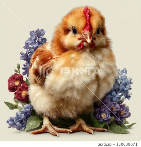 Adorable Chick Surrounded by Colorful Flowers in a Charming Collection 130639071