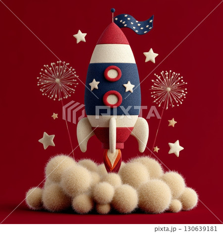 Colorful Rocket with Fireworks and Stars on a Bold Red Background 130639181