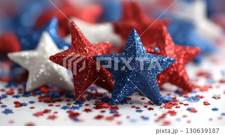 Colorful Red White and Blue Stars Floating Above a Festive Background 130639187