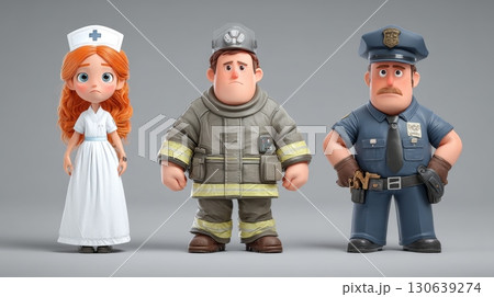 Illustration of a Nurse, Firefighter, and Police Character in Cartoon Style 130639274