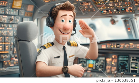 Cartoon Pilot Saluting from Cockpit in Colorful Animated Style 130639351