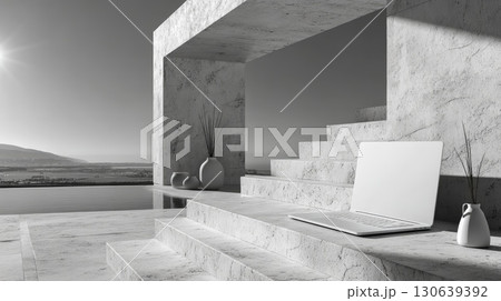 Modern Mockup of Laptop on Elegant Stone Steps Overlooking Scenic Landscape 130639392