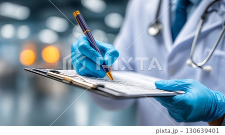 Doctor in Blue Gloves Writes Notes on Clipboard with Pen in Hospital Setting 130639401