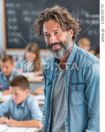 Engaging Teacher Smiling in Classroom with Students During Creative Learning Session 130639770