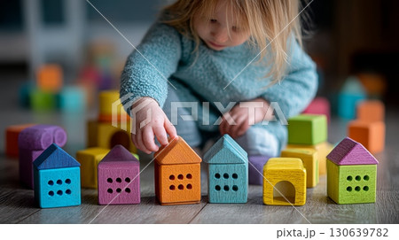 Child Playing with Colorful Wooden Blocks and Houses in a Bright Indoor Environment 130639782
